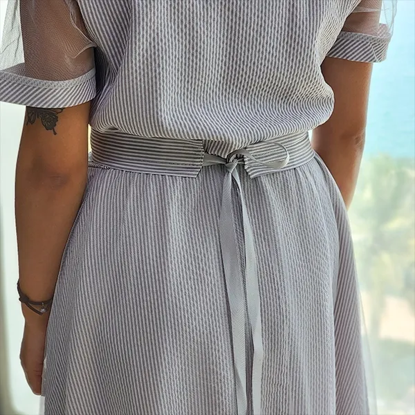 Gray Geo Pattern Button Waist Dress