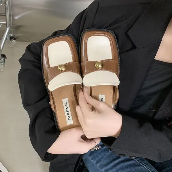 Retro Square Toe Dual Color Flat Mules