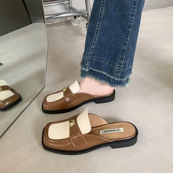 Retro Square Toe Dual Color Flat Mules