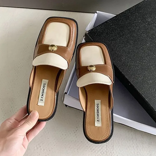 Retro Square Toe Dual Color Flat Mules