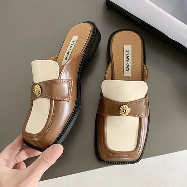Retro Square Toe Dual Color Flat Mules
