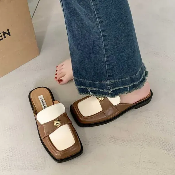 Retro Square Toe Dual Color Flat Mules