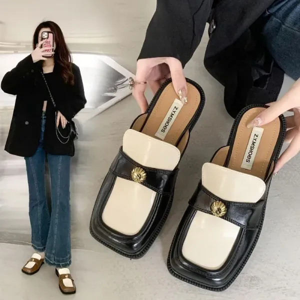 Retro Square Toe Dual Color Flat Mules