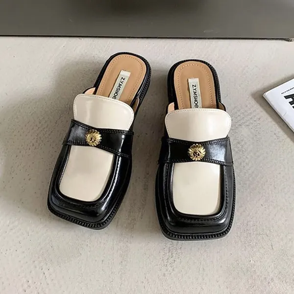 Retro Square Toe Dual Color Flat Mules