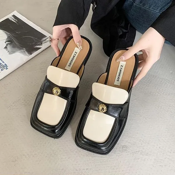 Retro Square Toe Dual Color Flat Mules