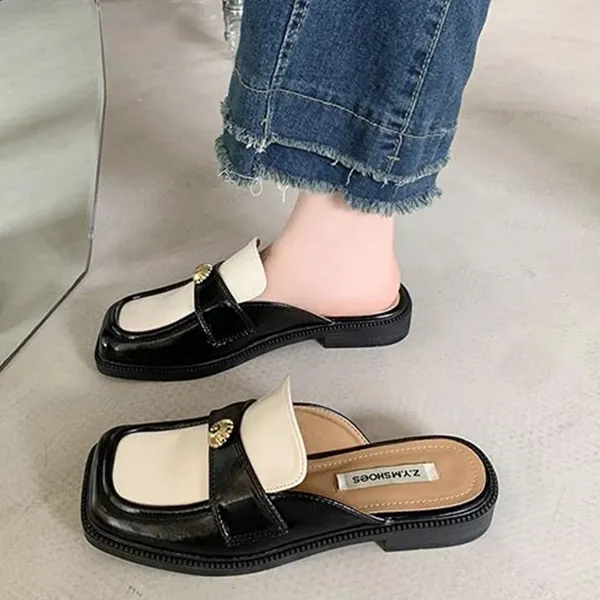 Retro Square Toe Dual Color Flat Mules