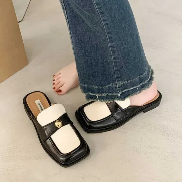 Retro Square Toe Dual Color Flat Mules