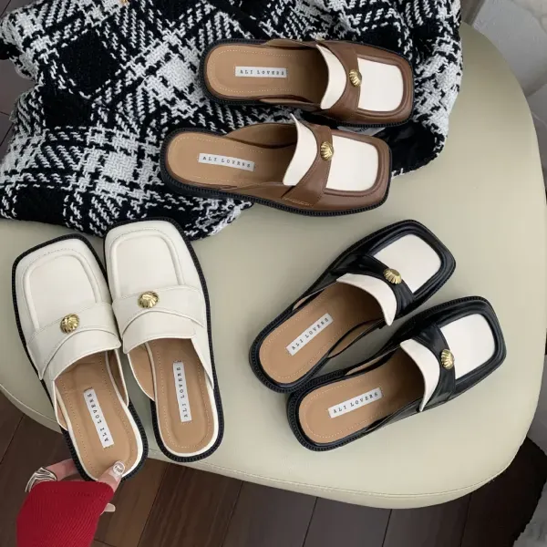 Retro Square Toe Dual Color Flat Mules