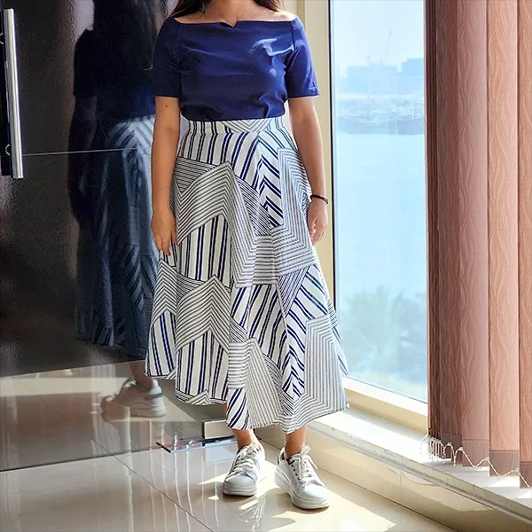 Striped Blue Boat Neck Two-Piece Set