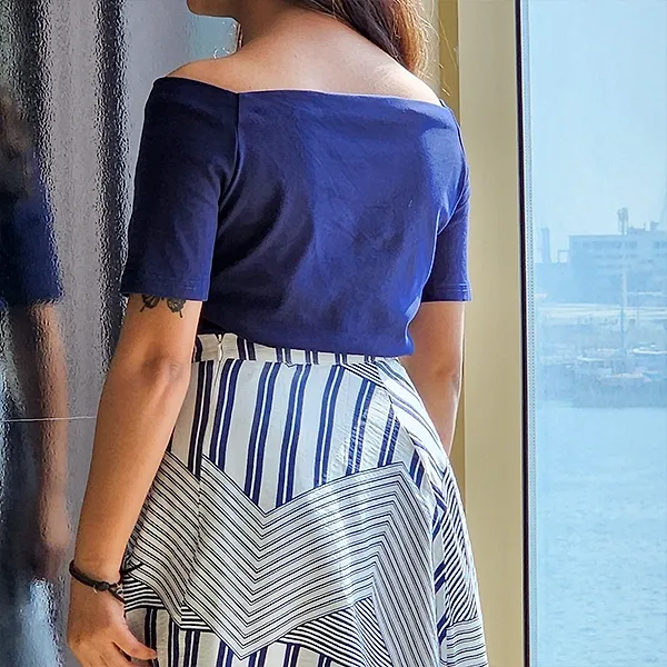 Striped Blue Boat Neck Two-Piece Set