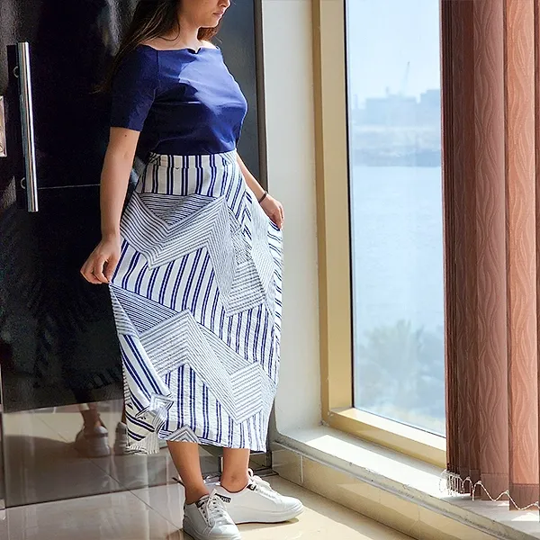 Striped Blue Boat Neck Two-Piece Set