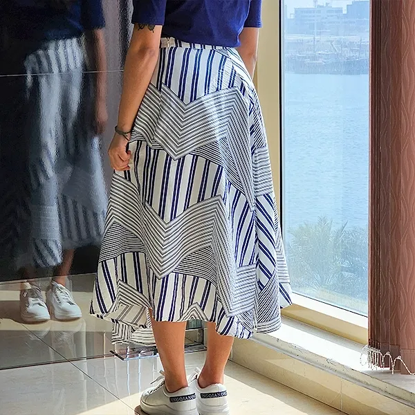 Striped Blue Boat Neck Two-Piece Set
