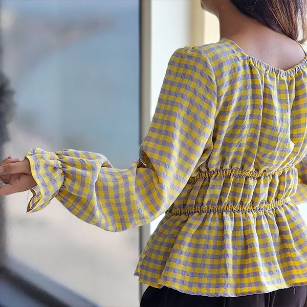 Chic Gingham Puff Sleeve Square Neck Top