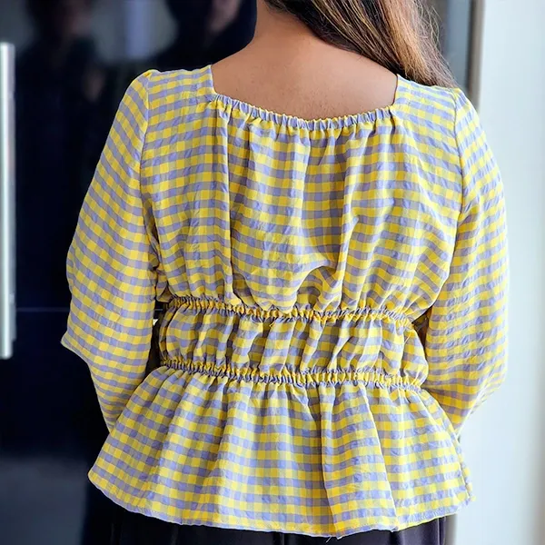 Chic Gingham Puff Sleeve Square Neck Top