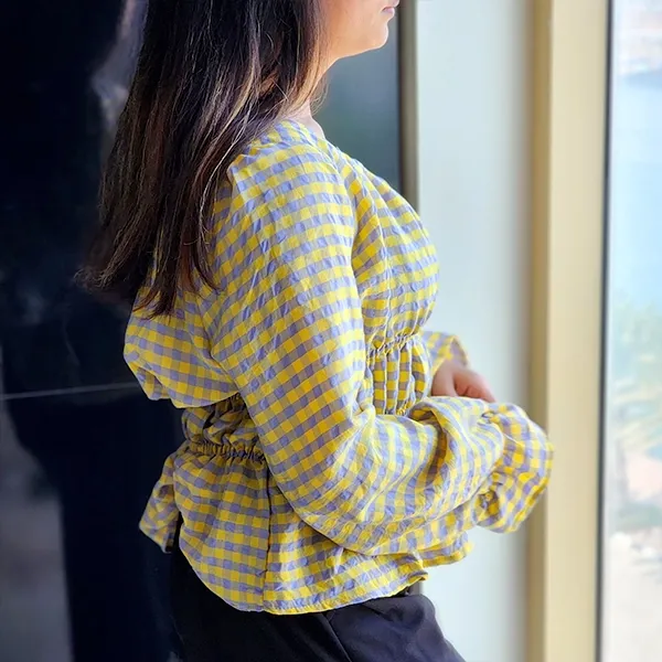 Chic Gingham Puff Sleeve Square Neck Top