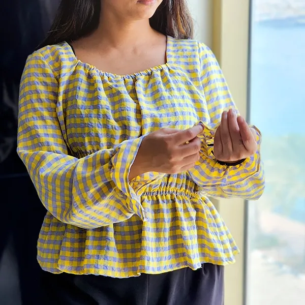 Chic Gingham Puff Sleeve Square Neck Top