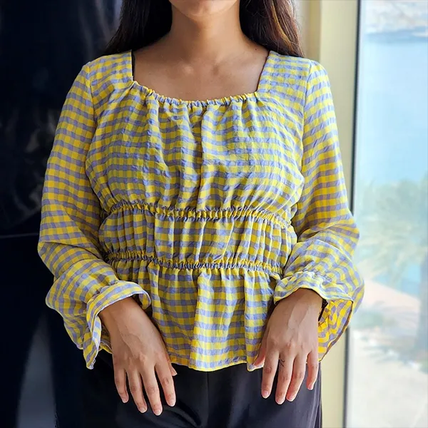 Chic Gingham Puff Sleeve Square Neck Top