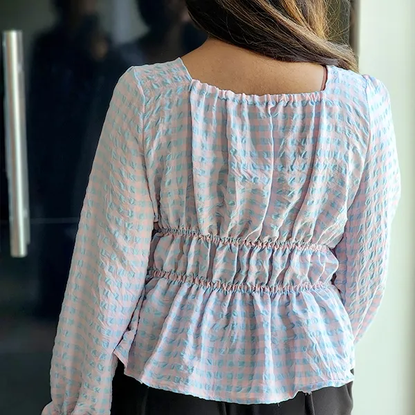 Chic Gingham Puff Sleeve Square Neck Top