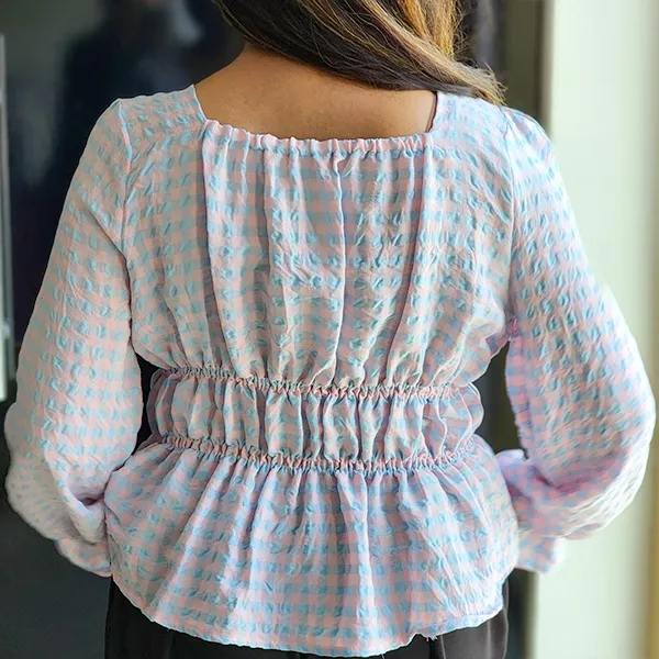 Chic Gingham Puff Sleeve Square Neck Top