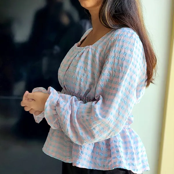 Chic Gingham Puff Sleeve Square Neck Top