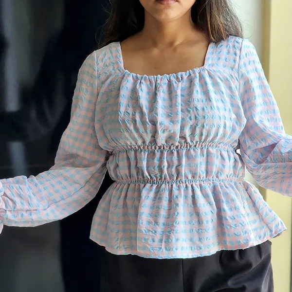 Chic Gingham Puff Sleeve Square Neck Top