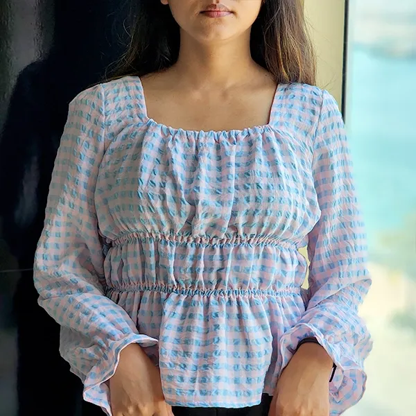 Chic Gingham Puff Sleeve Square Neck Top