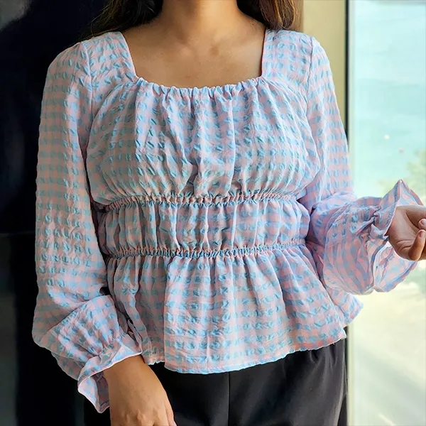 Chic Gingham Puff Sleeve Square Neck Top