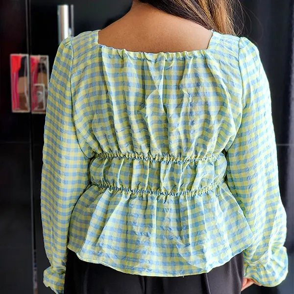 Chic Gingham Puff Sleeve Square Neck Top