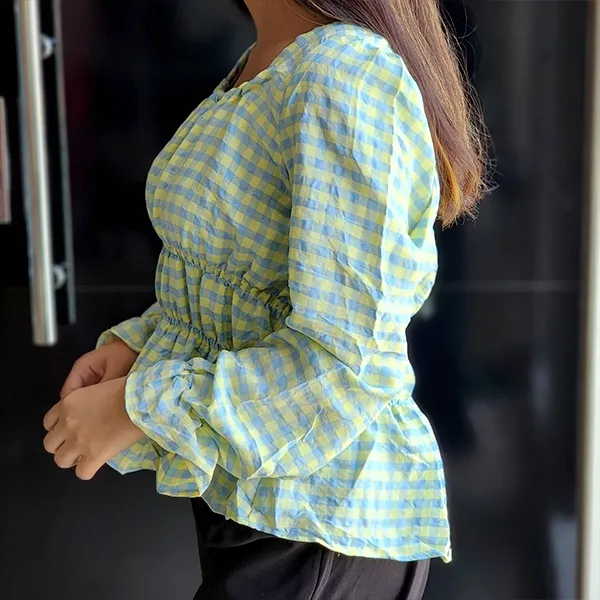 Chic Gingham Puff Sleeve Square Neck Top