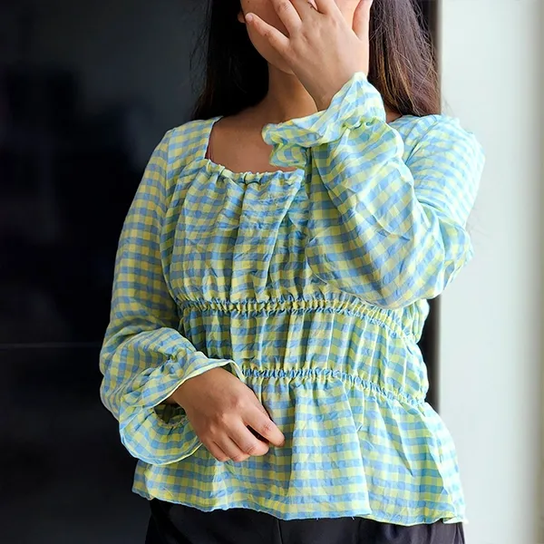 Chic Gingham Puff Sleeve Square Neck Top