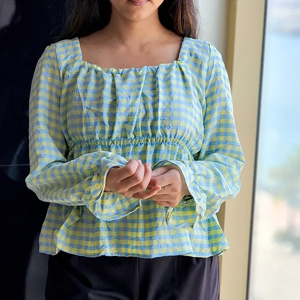 Chic Gingham Puff Sleeve Square Neck Top