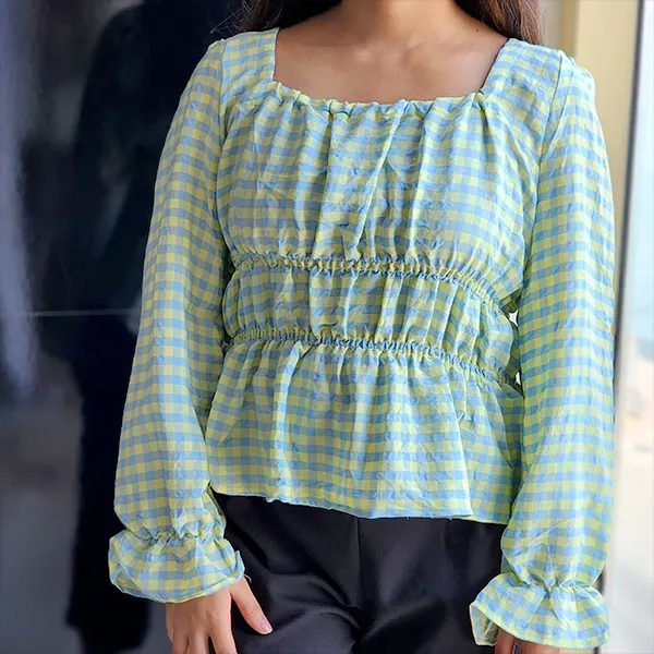 Chic Gingham Puff Sleeve Square Neck Top