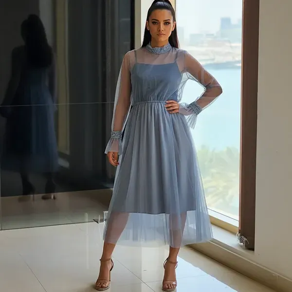 Blue Double Layer Mesh Midi Dress