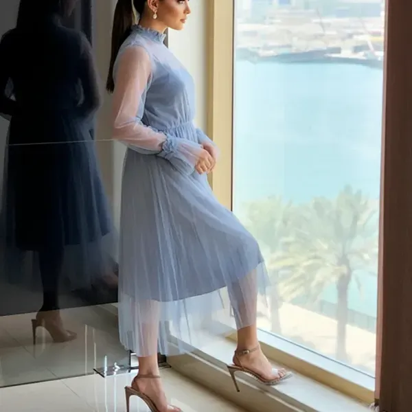 Blue Double Layer Mesh Midi Dress