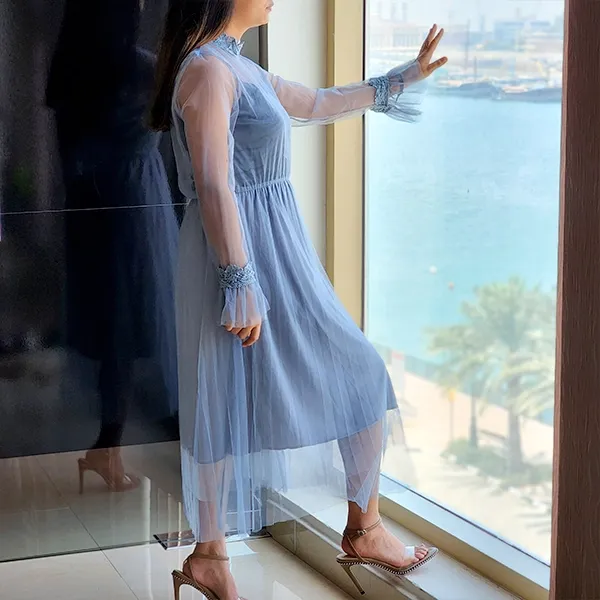 Blue Double Layer Mesh Midi Dress