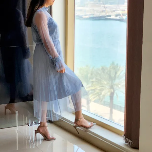 Blue Double Layer Mesh Midi Dress