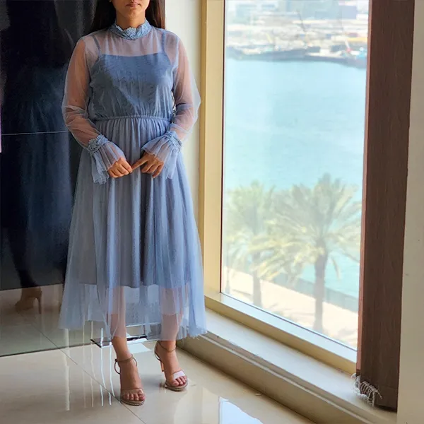 Blue Double Layer Mesh Midi Dress