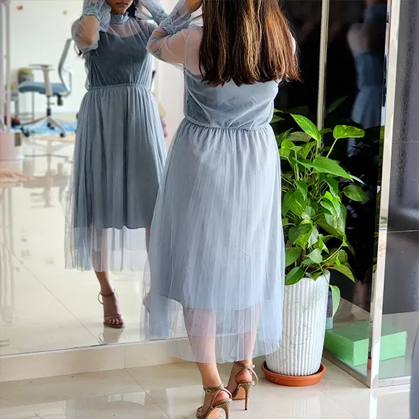 Blue Double Layer Mesh Midi Dress