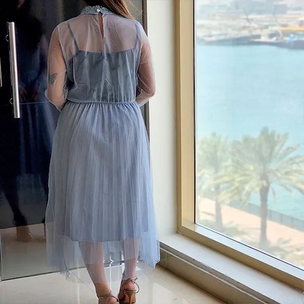 Blue Double Layer Mesh Midi Dress