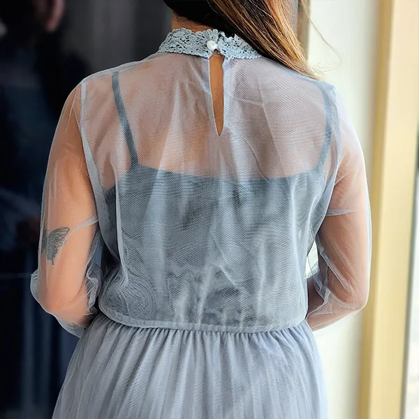 Blue Double Layer Mesh Midi Dress