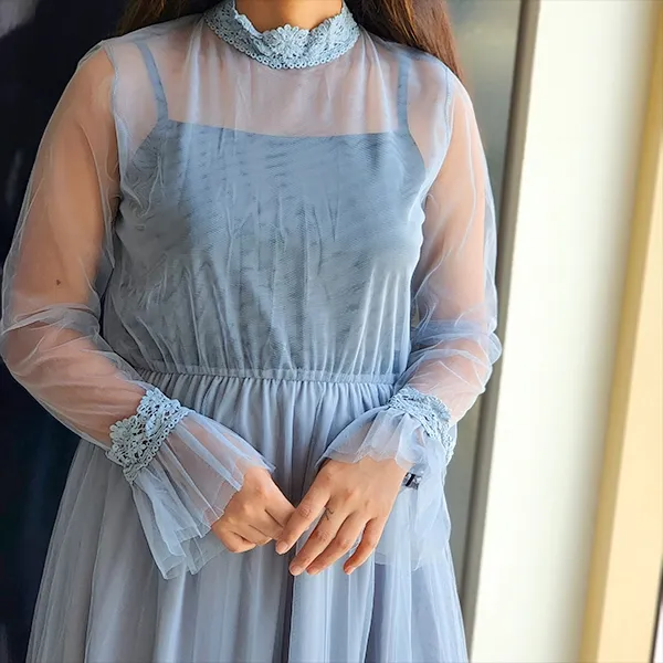 Blue Double Layer Mesh Midi Dress