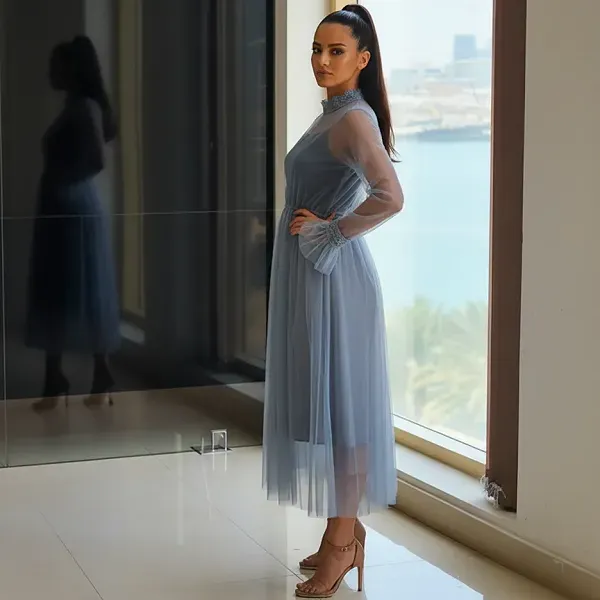 Blue Double Layer Mesh Midi Dress