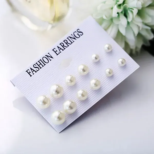 6 Pairs Mixed Size White Pearl Stud Earrings Set