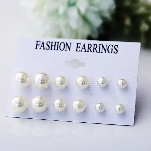 6 Pairs Mixed Size White Pearl Stud Earrings Set