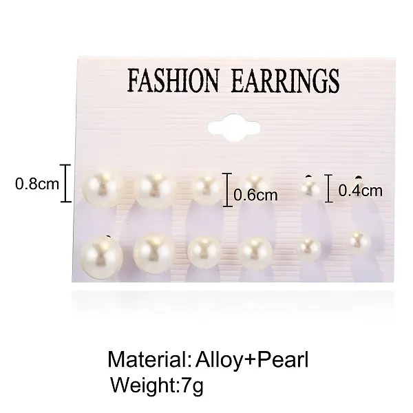 6 Pairs Mixed Size White Pearl Stud Earrings Set