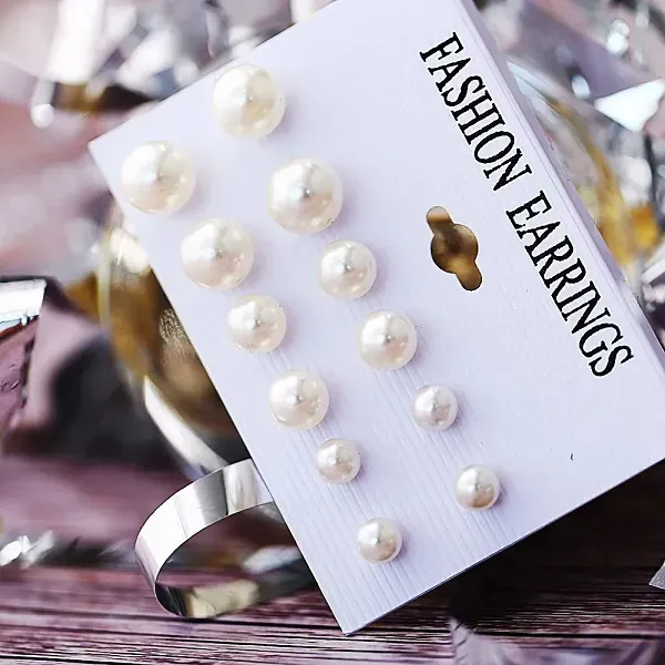 6 Pairs Mixed Size White Pearl Stud Earrings Set