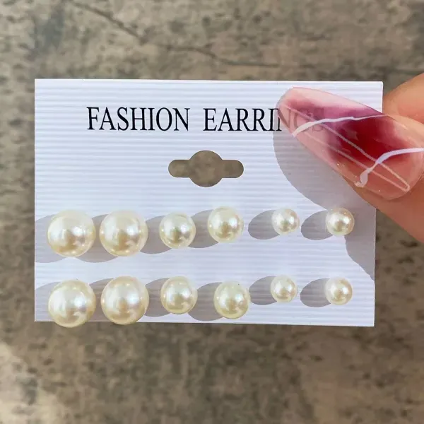 6 Pairs Mixed Size White Pearl Stud Earrings Set
