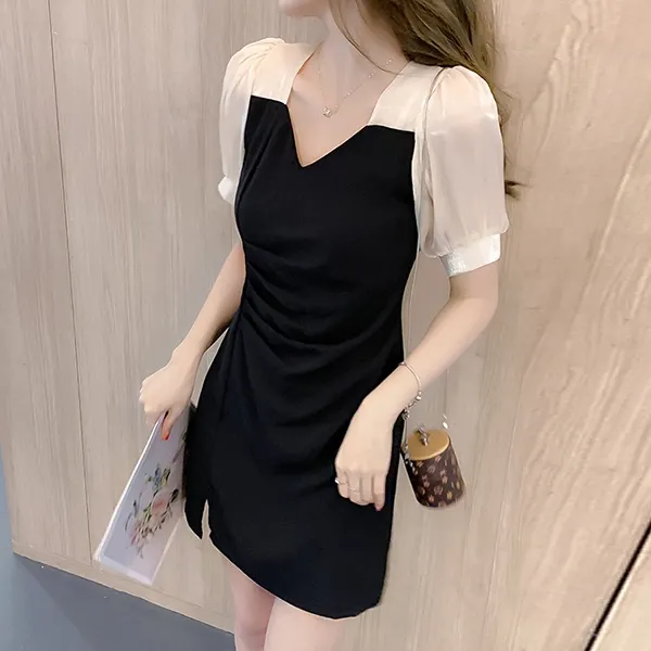 Elegant Black and White Short Sleeve Party Dress