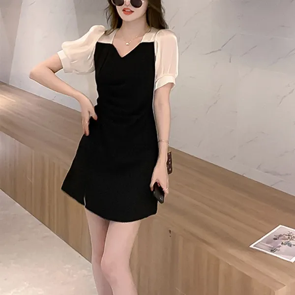 Elegant Black and White Short Sleeve Party Dress