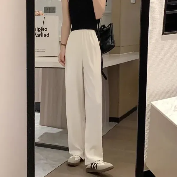 Elastic Waist Loose Fit White Color Women Bottom Wide Leg Trouser